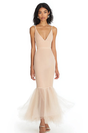 Champagne Mermaid Ruffled Deep V Neck Long Formal Dress